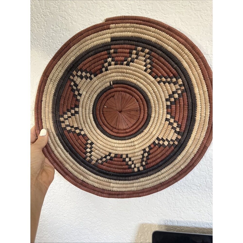 Vintage 14” Handmade African Woven Coil Multicolor Sun Round Basket Authentic